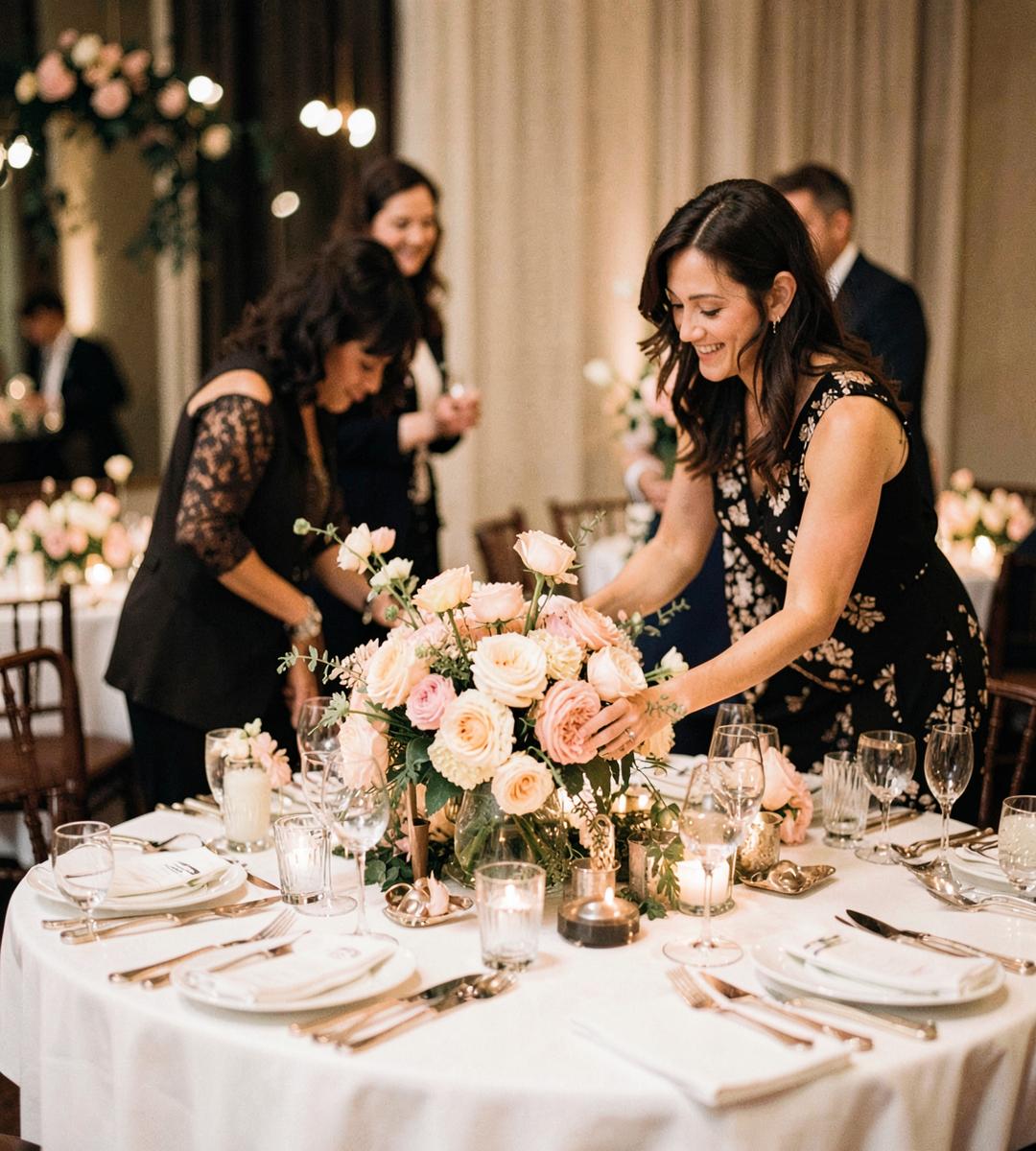 Eventplanlegger dekker bord med blomster